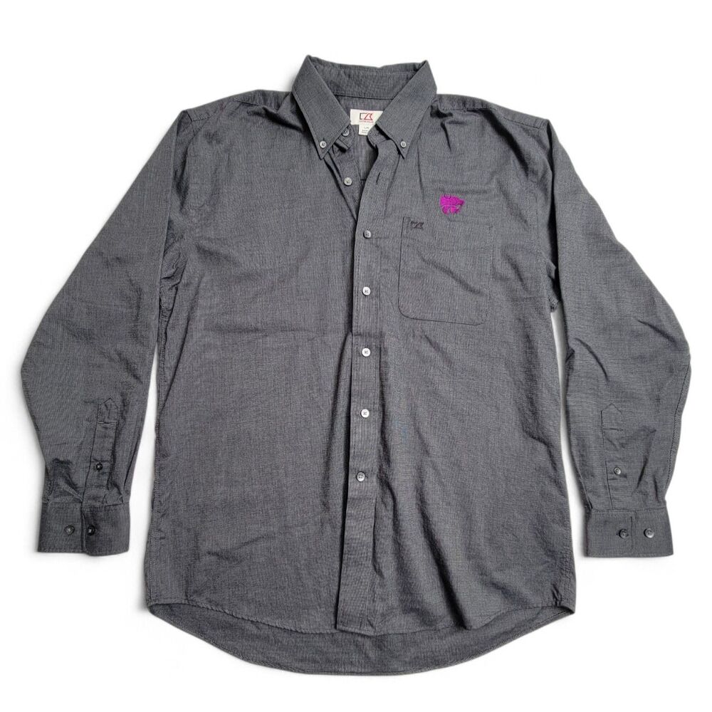 Cutter & Buck Kansas State Wildcats Shirt Men's Large Gray Prpl Check Embroidery